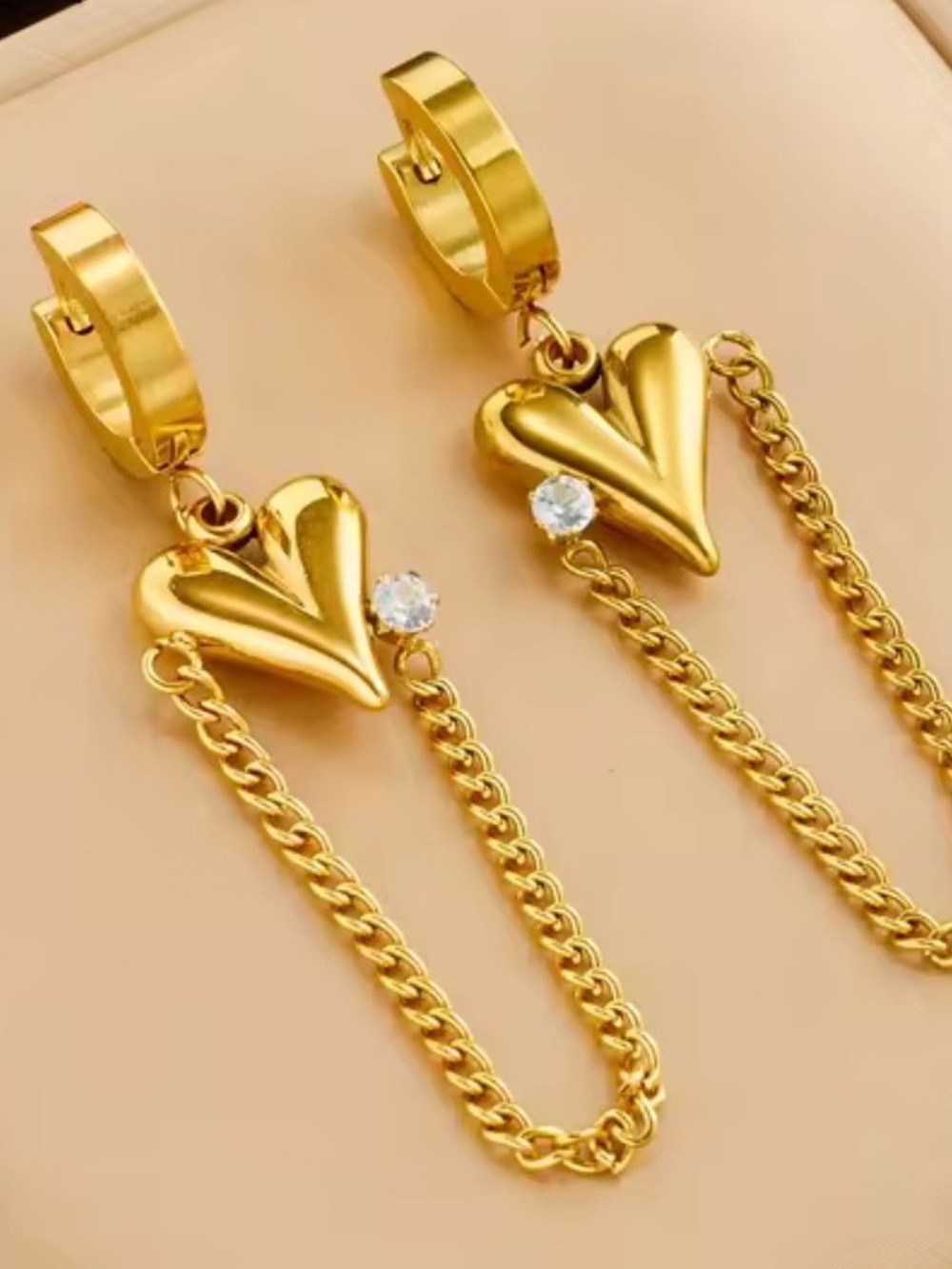 Stainless Gold plated Heart Drop Chain Earrings with Crystal Accent